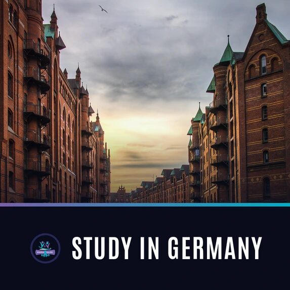 Study in Germany with Shiksha Galore Red-brick warehouses of Hamburg's Speicherstadt lining a canal at sunset, with the words Study in Germany and the Shiksha Galore logo